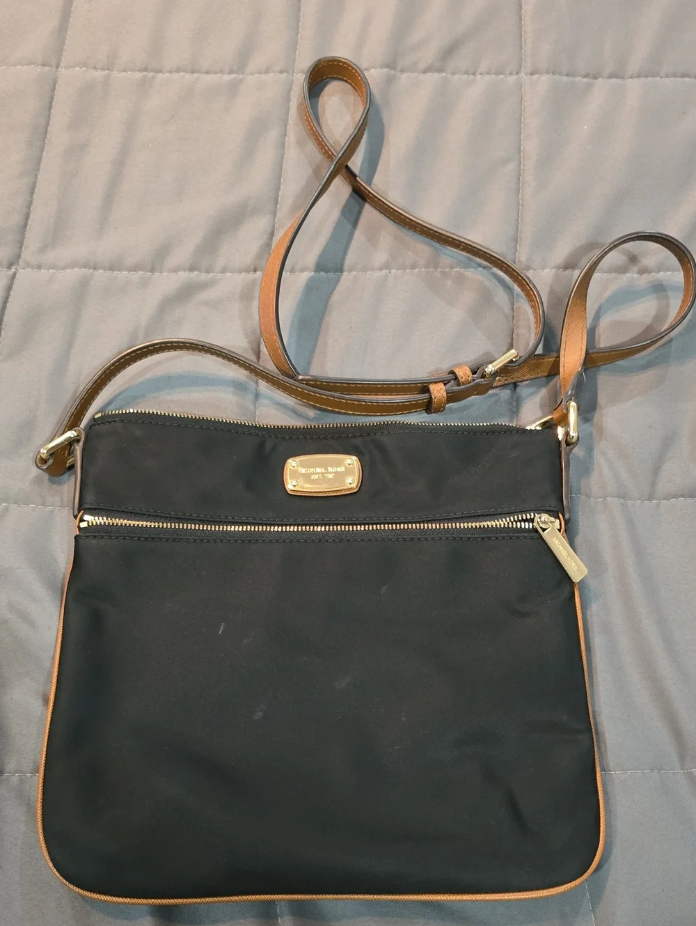 Michael Kors Black Crossbody Bag with Tan Trim and Gold Hardware